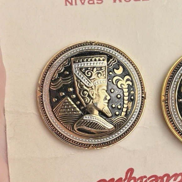 Vintage Round Damascene Clip On Earrings Spain Toledo Egyptian Pharaoh Pyramid - Picture 5 of 9